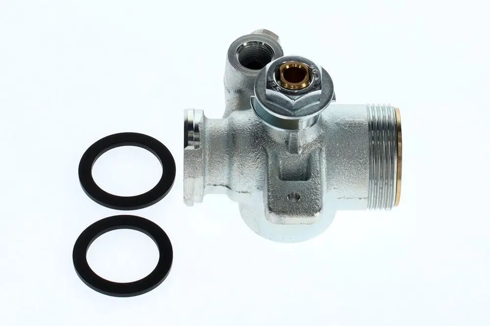 BOSCH Anschlussstück mit zwei O-Ringen, metallisch glänzende Oberfläche, Anschluss für Wasserleitung, im Vordergrund auf hellem Hintergrund platziert.